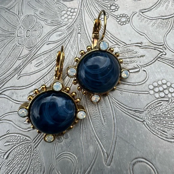 Gold and Blue Leverback Earrings - Picture 3 of 6